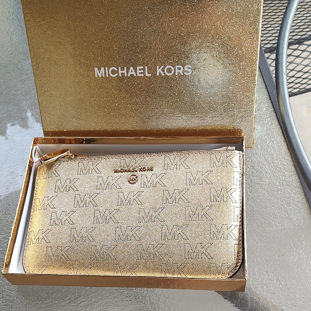 Michael Kors Metallic Gold MK Logo Zip-Around Wallet